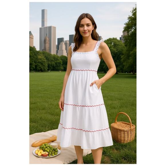 J.Crew White Eyelet Scalloped Tiered Midi Dress Size 6 Cotton Wedding Resort - Picture 1 of 9